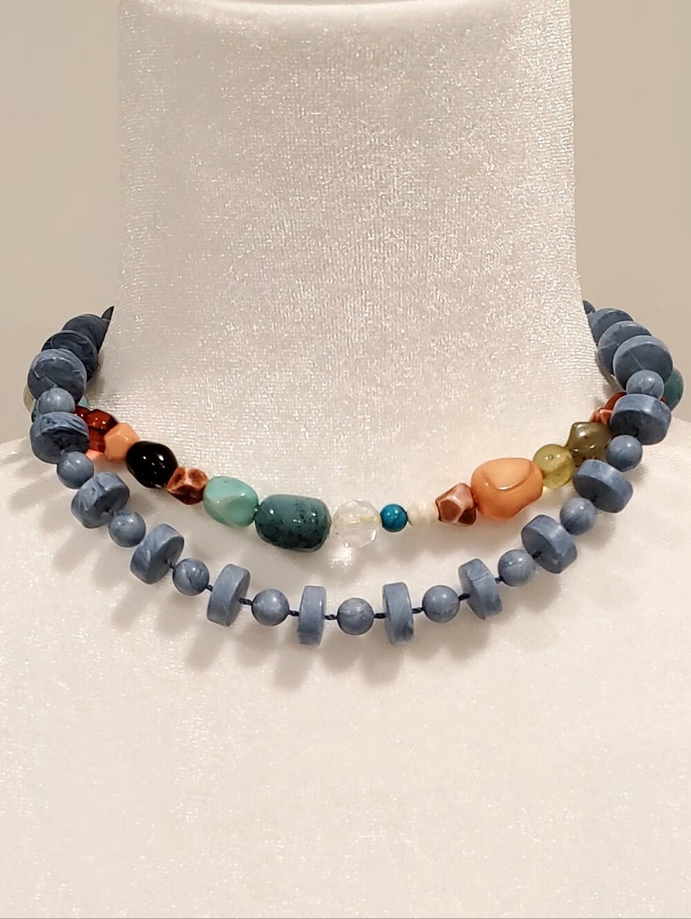 2 Beaded Short Necklaces, 1 Vtg Multi Stone Bead+1 Sarah Cov Blue Swirl, 18"